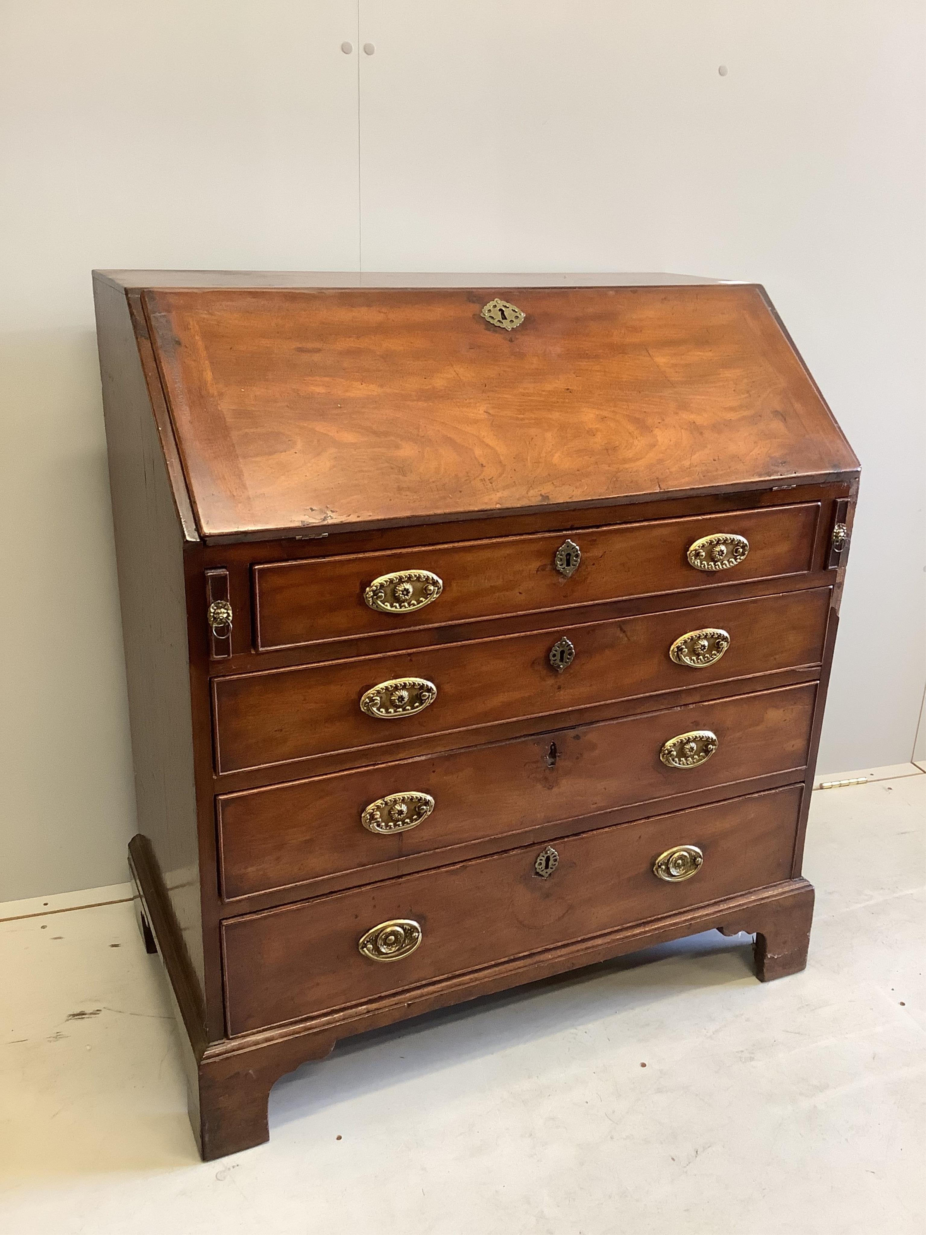 A George III mahogany bureau, width 91cm, depth 52cm, height 103cm. Condition - poor